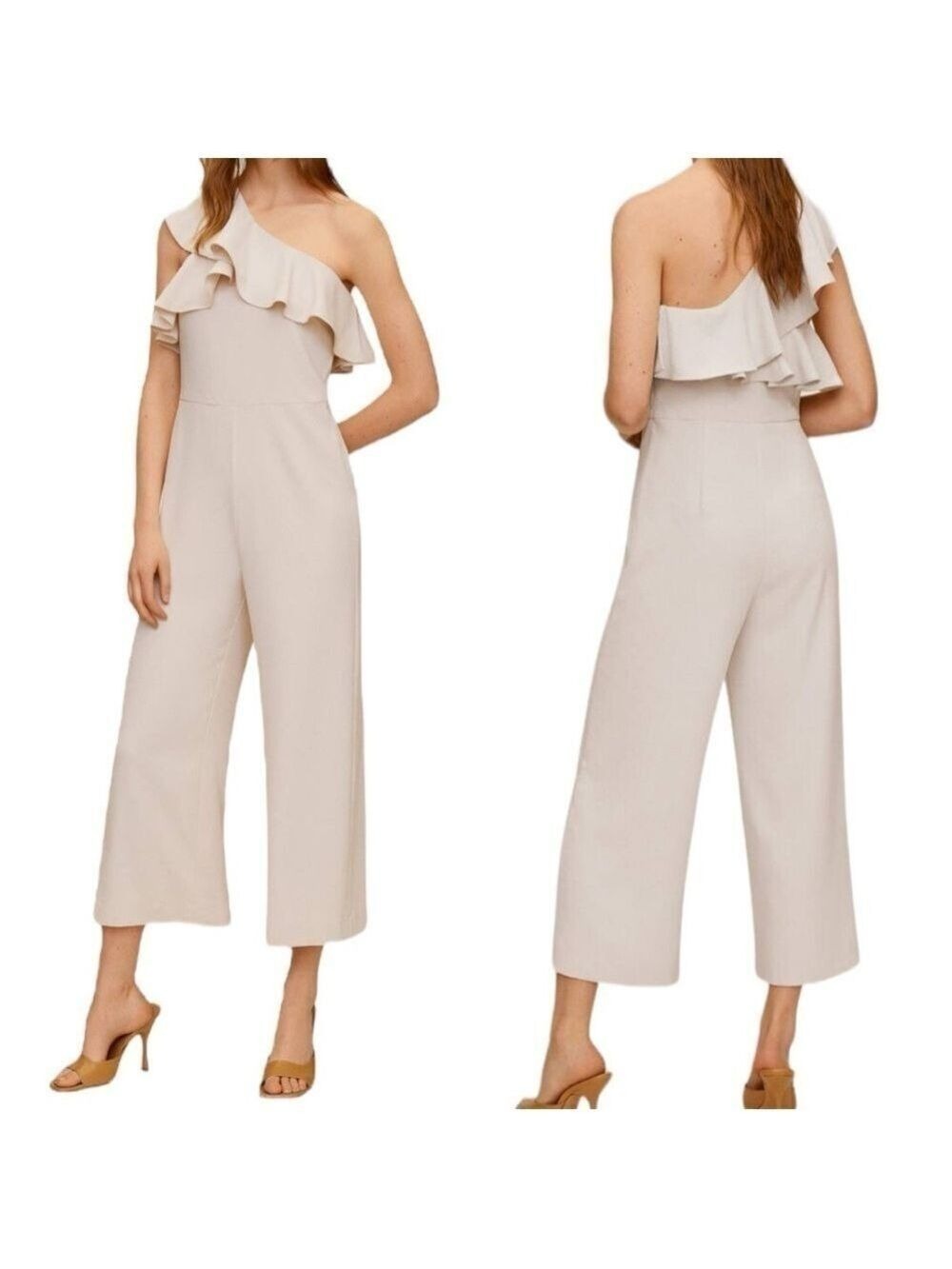 MANGO Frilled long jumpsuit Romper Bone Color ivory beige Sz US Large
